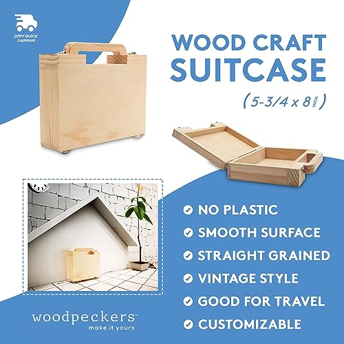 Unfinished Wood Mini Suitcase 5-3/4 x 8 inch, Pack of 1 Cigar Boxes Empty Wooden Boxes for Crafts, Travel, and Storage, by Woodpeckers - size: 5-3/4"