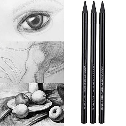Pssopp 3Pcs Woodless Charcoals Pencils, Charcoal Drawing Bar Sticks Sketch Pencils Artist Art Drawing Sketching Painting Tools Stationery For Students Adults Artist and Beginner