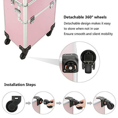 mefeir 2 in 1 Rolling Makeup Train Case, Makeup Travel Organizer Cosmetology Case, Aluminum Cosmetic Display Suitcase on Wheels, Beauty Storage Luggage Lockable w/4 Removable Wheels (Pink) - color: 2IN1 Pink