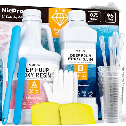 Nicpro 0.75 Gallon / 96 oz Deep Pour Epoxy Resin Kit, 2 to 4 Inch Depth, High Gloss & Crystal Clear Epoxy Resin Deep Pour 2:1 for Bar Tops, Table Tops, River Tables, Wood Fillers with Mixing Cups - size: 0.75 Gallon
