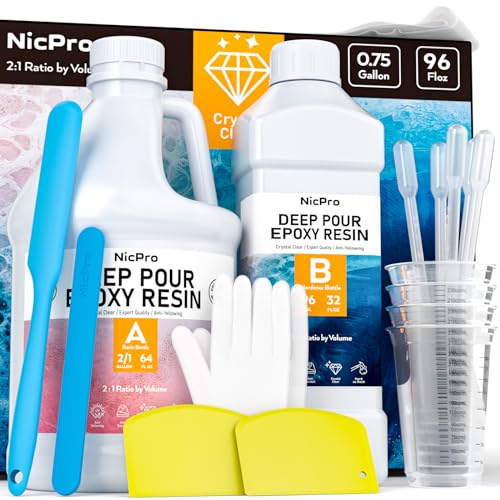 Nicpro 0.75 Gallon / 96 oz Deep Pour Epoxy Resin Kit, 2 to 4 Inch Depth, High Gloss & Crystal Clear Epoxy Resin Deep Pour 2:1 for Bar Tops, Table Tops, River Tables, Wood Fillers with Mixing Cups - size: 0.75 Gallon