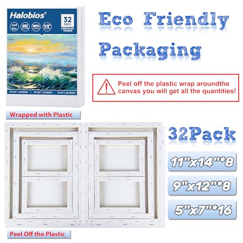 Halobios 32 Packs Professional Stretched Canvas for Painting, Blank Canvas Art with 5 * 7in, 9 * 12in, 11 * 14in, Value Pack for Acrylic, Oil, Acrylic Pouring - size: 32 Pack Mixed - 11×14IN 9×12IN 5×7IN