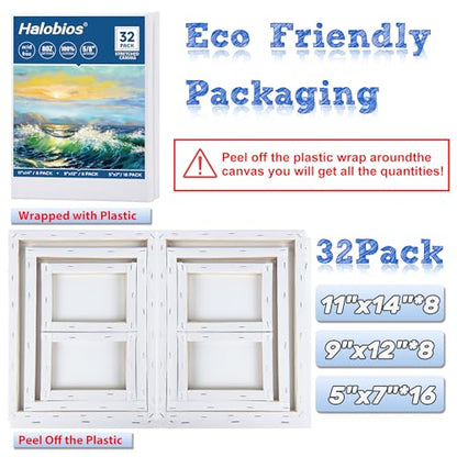 Halobios 32 Packs Professional Stretched Canvas for Painting, Blank Canvas Art with 5 * 7in, 9 * 12in, 11 * 14in, Value Pack for Acrylic, Oil, Acrylic Pouring - size: 32 Pack Mixed - 11×14IN 9×12IN 5×7IN