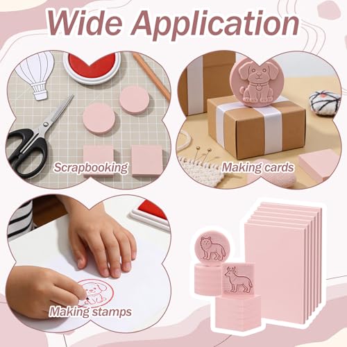 18 Pcs Rubber Stamp Carving Blocks Linoleum Blocks 4"x6" and 2"x2" Round Square Rectangle Block Carving Kit for Stamp Crafts DIY Project(Pink)