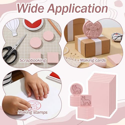 18 Pcs Rubber Stamp Carving Blocks Linoleum Blocks 4"x6" and 2"x2" Round Square Rectangle Block Carving Kit for Stamp Crafts DIY Project(Pink)