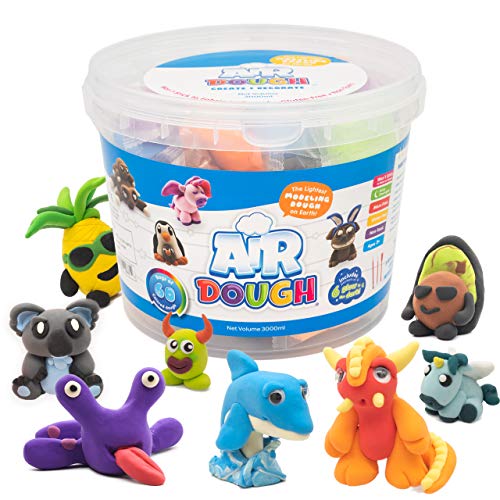 Air Dough - 60 Bags of Colored, Air Dry, Ultra Light, Non-Toxic Modeling Clay in a Bucket Including Accessories, Tools, Tutorial Videos (Educational, DIY, Kids Gifts, Art Craft Set for Boys & Girls) - color: MultiColored