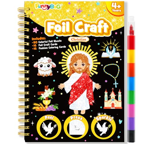 FUNNYB&G Foil Art Craft Kit for Kids 4-10 Years Old: Mess-Free & No-Glue, Create 16 Sparkly Christian Pictures – Perfect Travel Toy & Birthday Gift for Kids (Christian) - style: Christian