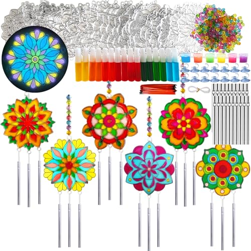 Ayhuhra 30 Sets Mandala Suncatchers Wind Chimes Craft Kits DIY Window Art Suncatcher Mandala Flower Craft Art Kit for Spring Summer Party Activities Art Project Party Favors - style: Mandala Wind Chimes