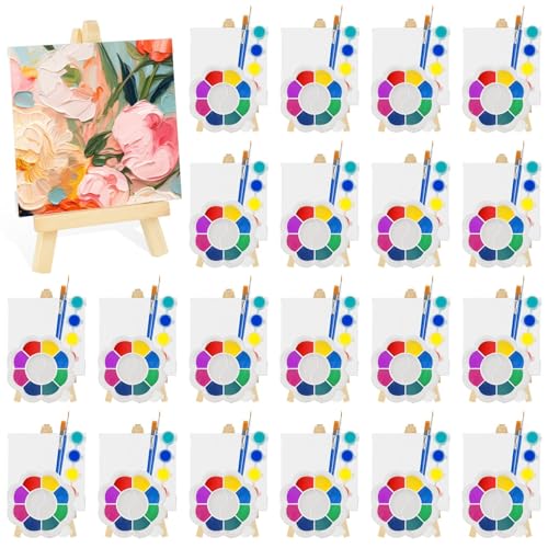 20 Set Acrylic Paint Canvas Set, 4 inches Mini Art Painting Supplies Kit with 6 Colors Acrylics Paint Table Wood Easel Canvas Panels Paint Brushes Palette for Beginner Artist Adults Birthday