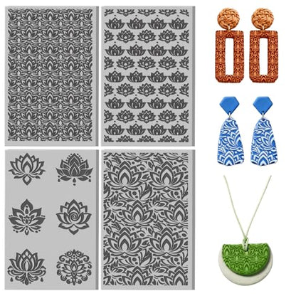 4 Sheets Retro Lotus Clay Texture Mat Mandala Pattern Polymer Clay Texture Sheets DIY Tools for Pottery Earring Jewelry Making Stamp Engraving Machines, 3.9x2.6inch - color: Retro Lotus