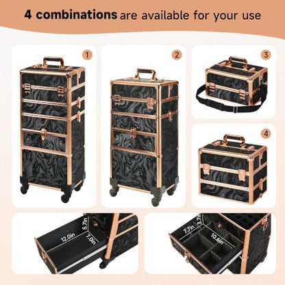 Somduy Rolling Makeup Case with Drawer, Makeup Train Case, Cosmetology Case on Wheels for Salon Barber, Rose Gold Black - color: Rose Gold Black