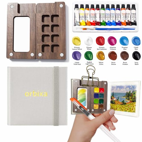 orbixa Mini Watercolor Palette Paint Set Travel Size - 12 Color Paint with 8-Wooden Grid Palette,Mini Sketchbook & Brushes | Portable Artist Supplies Kit for Students, Beginners, Outdoors Use (gray)