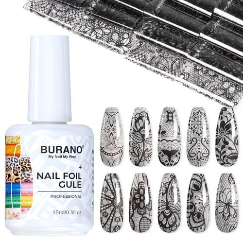 BURANO Nail Art Nail Foil Glue Gel, o.5 oz with 10PCS Foil Stickers Set Lace Nail Foil Glue for Nails Foil Transfer Gel, Nail Design Home DIY UV LED Lamp Required 28 - color: Lace 28
