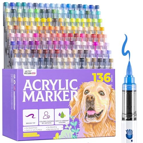 LET'S RESIN PAINT136 Colors Acrylic Paint Markers Direct Liquid,Brush Tip Acrylic Paint Pens for Coloring,Water-Based Acrylic Markers for Drawing,Painting,Canvas,Art Supplies,Craft - size: 136 Count (Pack of 1)