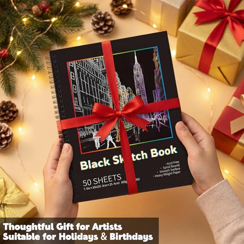 Prudiut Black Paper Sketchbook 2 Pack 7.6x10 Inch 50 Sheets 160gsm Acid-Free Drawing Pad - Spiral Bound Black Sketchbook Artist Mixed Media Charcoal Metal Markers Studio Design Notebook Supplies - size: 7.6×10 Inch (2 Pack )