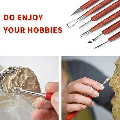 Clay Sculpting Tools, 6 PCS Double-Ended Stainless Steel Polymer Clay Tools, Wooden Handle Pottery Tools for Embossing, Carving Tools and Supplies