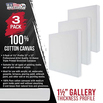 U.S. Art Supply Square Stretched Canvas for Painting 12x12 inch Gallery Depth 1-1/2" Thick, 3-Pack - 12oz Acrylic Gesso Triple Primed, Professional Artist Quality, 100% Cotton - Pouring, Oil Paint - size: 12" x 12"