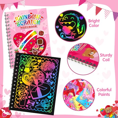 Scratch Art Party Favors for Kids: 24 Pack Valentines Rainbow Scratch Art Notebook Classroom School Party Supplies Bulk for Girls Boys Goodie Bags Stuffers, Valentines Day Gifts for Kids Classroom - style: 24 Pack Valentines