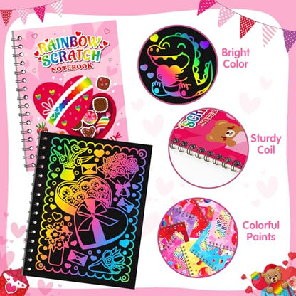 Scratch Art Party Favors for Kids: 24 Pack Valentines Rainbow Scratch Art Notebook Classroom School Party Supplies Bulk for Girls Boys Goodie Bags Stuffers, Valentines Day Gifts for Kids Classroom - style: 24 Pack Valentines
