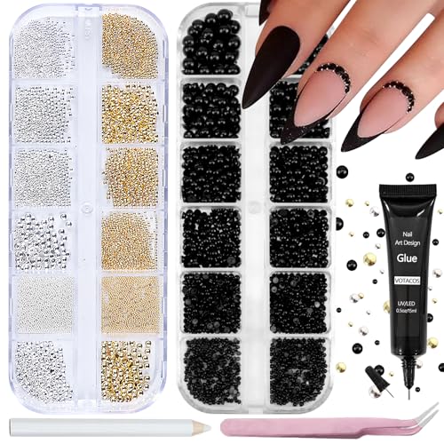 Nail Art Pearls with Rhinestones Glue Gel Flatback Pearls Nail Charms Luxurious Nails Supplies Accessories Gold Silver Gems Jewelry Pearl for Women Nails Design(Black) - color: Colorful-04