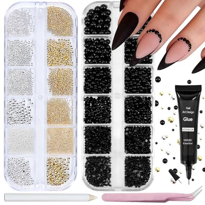 Nail Art Pearls with Rhinestones Glue Gel Flatback Pearls Nail Charms Luxurious Nails Supplies Accessories Gold Silver Gems Jewelry Pearl for Women Nails Design(Black) - color: Colorful-04