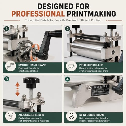 Compact Printmaking Machine,Portable Tabletop Manual Etching Press-Heavy Brayer Ink Transfer Tool-Desktop Flatbed Printing Set for Fine Graphic Art Studio