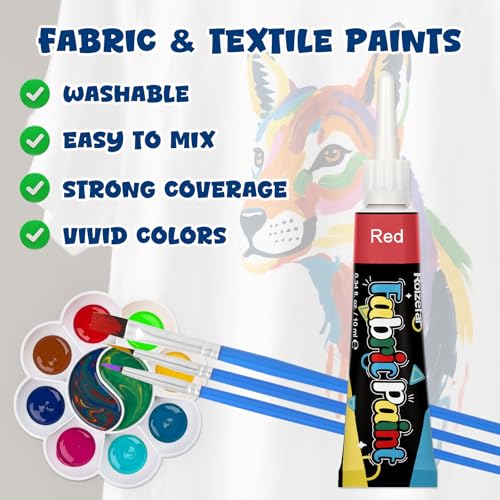 Roizefar Fabric Paint Set, 48 Colors with Metallic, Glitter & Neon, All-in-One Kit with Brushes & Palette, Permanent Textile Paint for Clothes, Shoes, Bags, Shirts, Canvas DIY, 0.34 oz Each