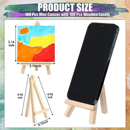 Fuutreo 200 Pcs 3 x 3 Inch Mini Canvas and Easel Set, 100 Mini Stretched Canvas with 100 Wooden Easels for Acrylic Pouring Oil Paint Water Color Painting - size: 3 x 3 Inch