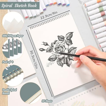 4 Pack Sketch Book, 9 x 12 Inch Sketchbook, 68lb/100gsm Top Spiral Bound Sketch Pad, Acid Free Art Supplies Drawing Painting Sketching Paper for Kids, Adults, Beginners, Artists (30 Sheets Each) | 100gsm/68lb paper, hardcover backboard, lay-flat top spira