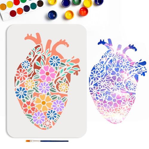 MAYJOYDIY Floral Heart Stencil - 11.7x8.3 Inch Reusable Wildflower Heart Template with Brush for Wood Signs, Farmhouse Decor, DIY Crafts - color: Heart Shaped Flower