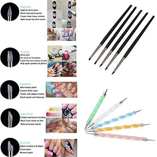 COMIART Clay Shaper Ball Stylus Dotting Tools Set for Clay Sculpting Pottery Polymer Nail Art, Pack by 5 pcs Size 0 Silicon Brushes and 5 pcs 2 Way Emossing Pens