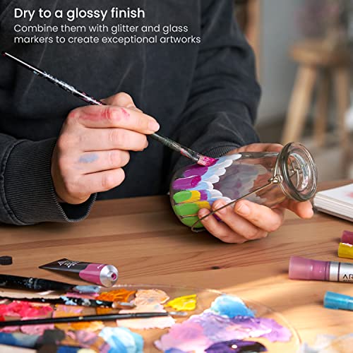 ARTEZA Glass Paint – Acrylic Paint Set of 12 Classic Colors, 0.74 Fluid Ounce Tubes, for Glass and Ceramics, for Artists, Crafters and Beginners