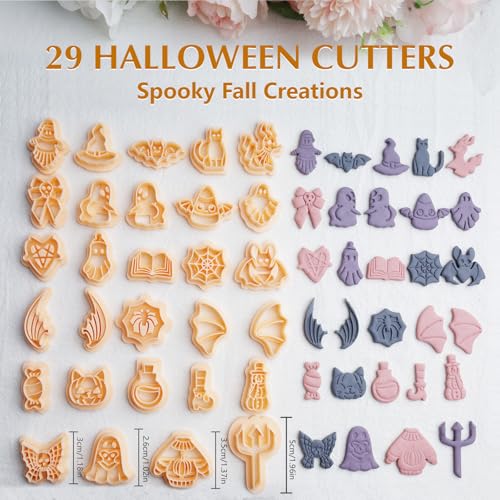 70 Pcs Fall Winter Polymer Clay Cutters, Halloween Thanksgiving Christmas | Pumpkin, Ghost, Turkey, Snowflake & Gingerbread Shapes, 0.4mm Sharp Edge, Clean Cuts, Less Sanding, Storage Box