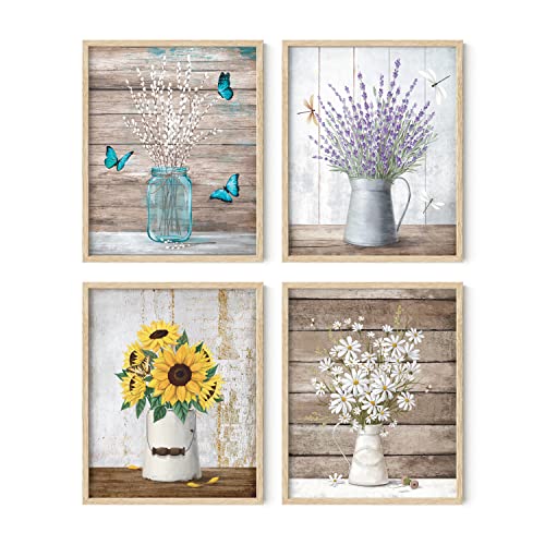 HAUS AND HUES Flower Wall Decor - Set of 4 Floral Wall Art, Framed Flower Paintings, Floral Pictures, Frameable Botanical Posters (8x10, Beige Frame) - color: Farmhouse Bouquets, size: 8x10, style: Beige Framed