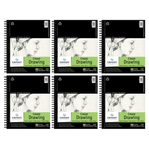 Canson Artist Series Cream Drawing Pad, 9" x 12", Side Wire Bound, 90 lb. (147gsm), 60 Sheets/Pad, Case of 6 Pads, 360 Sheets Total - size: 9" x 12" (6-Pack), style: Cream Drawing