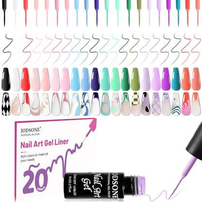 JODSONE Gel Polish Nail Art Gel Liner Set 20 Colors Red Pink Blue Purple with Thin Brush Need U V Lamp Cured Gift for Girls at Home Salon Design - color: LB01-LB20