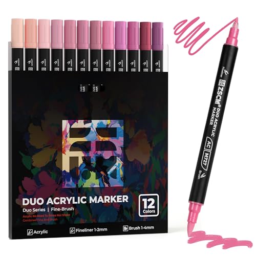 ZSCM QUALITY DECIDES THE FUTURE 12 Pink Acrylic Paint Markers, Dual Tip Acrylic Brush Pens with Fine Tip & Brush Point, Sweet Pink Acrylic Markers for Wood Canvas Stone Glass Rock Painting - color: 12 Pink