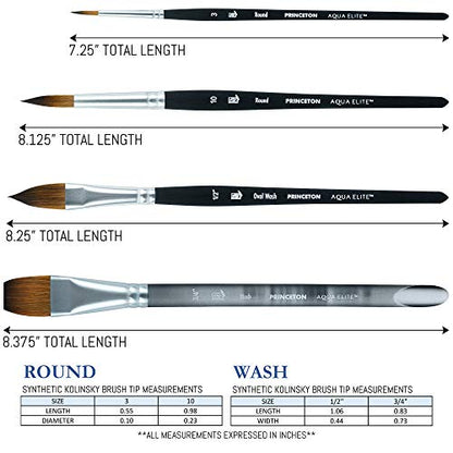 Princeton Artist Brush Co Aqua Elite 4850 Series - 4pc Watercolor Brush Set - Synthetic Watercolor Brushes Professional Kolinsky Sable Brushes - 1/2” Oval Wash, 3/4" Wash, Round 3 & Round 10