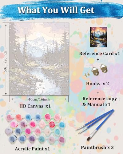 TOCARE Mountains Paint by Numbers Kit for Adults Beginners, Adult Paint by Number Kits Mountain Streams, Acrylic Adults’ Paint-by-Number Kits Nature 16x20inch - color: Mountains Stream