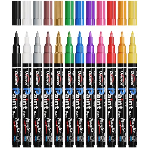 Overseas Acrylic Paint Markers Extra Fine Tip, 12 Colors Paint Pens Set | Waterproof, Quick Dry, Fade Resistant, Water Based Acrylic Permanent Markers for Wood, Rock, Metal, Plastic, Glass, Leather