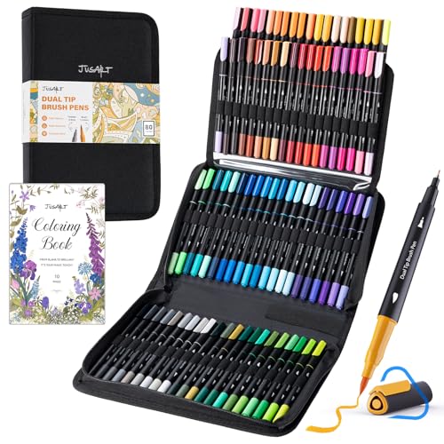JusArt Markers for Adult Coloring Books No Bleeding, 80 Colors, Dual Tip | Triangle Grip, 33% More Ink, Fine & Brush Tips, Water-Based Ink, With 200gsm Coloring Book, Storage Case, 6 Replacement Tips