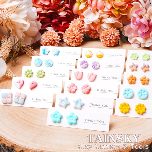 TAINSKY Floral Clay Earrings Cutters, 16 Shapes Flower Studs for Polymer Clay Jewelry, Small Clay Cutters for Earrings, Spring Clay Cutters for Polymer Clay Jewelry, Stud Clay Earring Cutters
