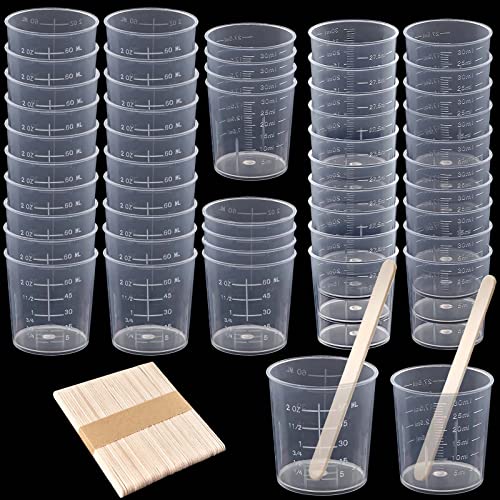 Coopay 50 Pack 60ml/2oz and 30ml/1oz Plastic Graduated Cups Transparent Scale Clear Epoxy Mixing Cup with 50 Pack Wooden Stirring Sticks for Resin, Epoxy, Stain, Mixing Paint - size: 30ml+60ml