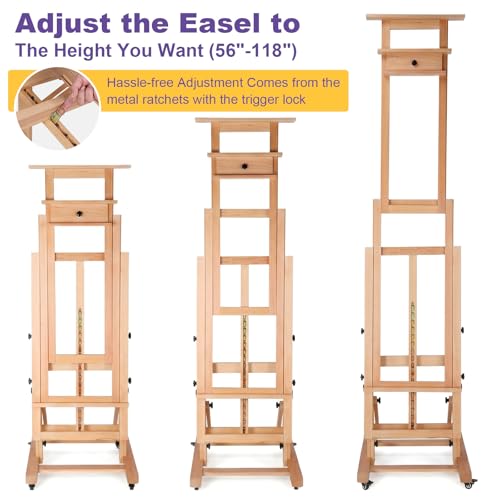 Wooden H-Frame Convertible Easel with 4 Lockable Wheels Adjustable Movable Tilting Easels Holds Canvas Art Up to 78.7In High for/Home/Studio/Outdoor