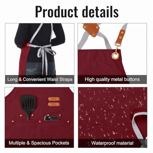 Aoomzoon Durable Kitchen Apron,Multifunctional Chef Aprons for Women & Men with Pockets for Cooking Baking & Daily Use - color: Red