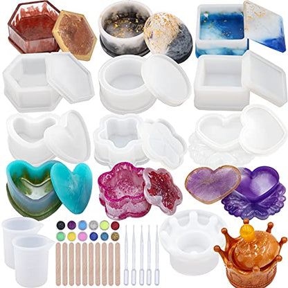 EuTengHao Resin Molds 43Pcs Silicone Molds for Resin, Epoxy Crown Shape Mold Heart Shape Mold with Mica Powder for Storage Box Jewelry Trinket Container DIY Resin Casting Crafts