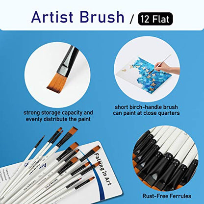 Falling in Art Paint Brushes Set, 12 PCS Nylon Professional Flat Paint Brushes for Watercolor, Oil Painting, Acrylic, Face Body Nail Art, Crafts, Rock Painting - size: 12 Pcs Flat Nylon
