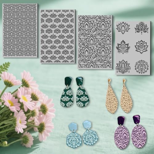 4 Sheets Retro Lotus Clay Texture Mat Mandala Pattern Polymer Clay Texture Sheets DIY Tools for Pottery Earring Jewelry Making Stamp Engraving Machines, 3.9x2.6inch - color: Retro Lotus