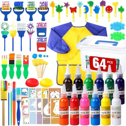64 Pack Washable Paint Set, 12 Colors Non Toxic Finger Paints with Sponges, Paint Brushes, Waterproof Paint Smock, Palettes, Cards, Storage Box for Art, Crafts, Children Age 12+ and Adults(2 oz Each) - style: 64pcs