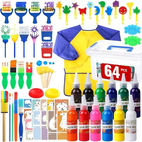 64 Pack Washable Paint Set, 12 Colors Non Toxic Finger Paints with Sponges, Paint Brushes, Waterproof Paint Smock, Palettes, Cards, Storage Box for Art, Crafts, Children Age 12+ and Adults(2 oz Each) - style: 64pcs